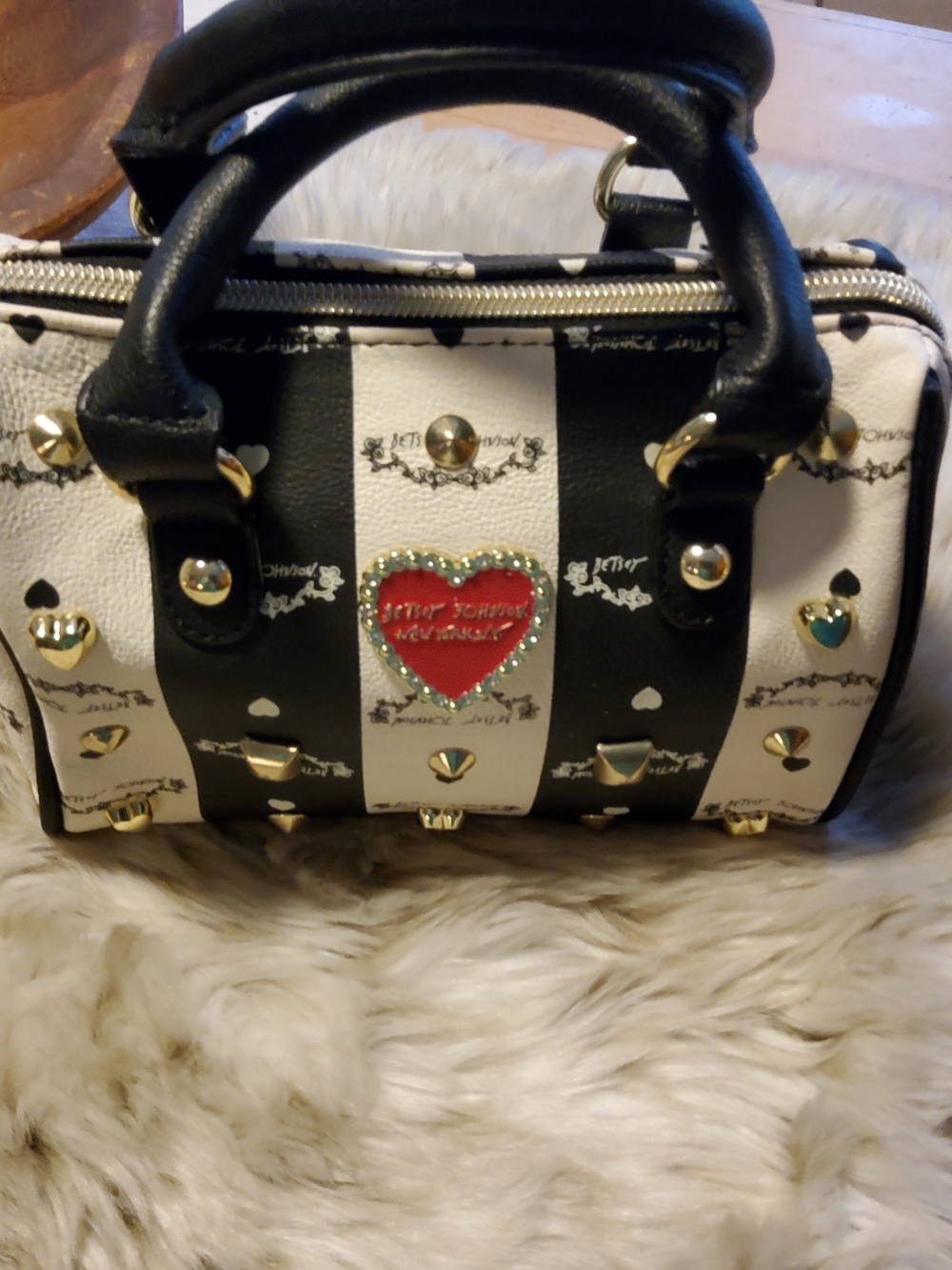 Betsey Johnson Black & White Striped Mini Satchel with Red Heart EUC